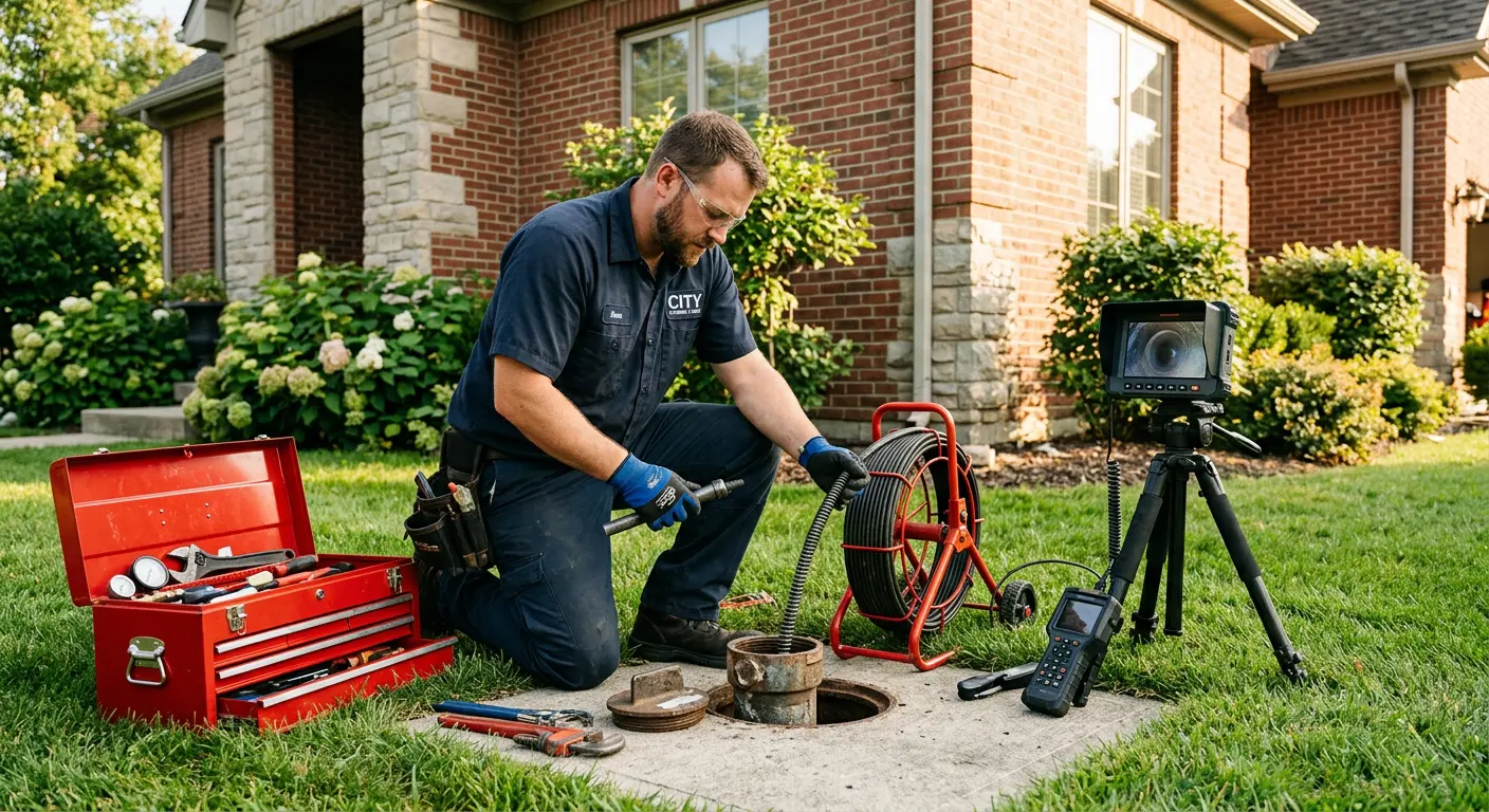 Sewer specialist with camera equipment servicing a cleanout in Windham