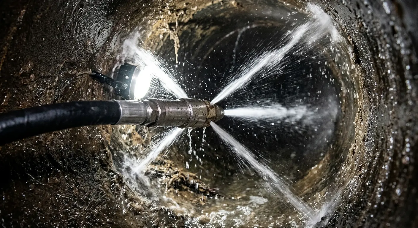 High-pressure hydro jetting nozzle cleaning sewer pipe for Emergency Drain Service in Windham