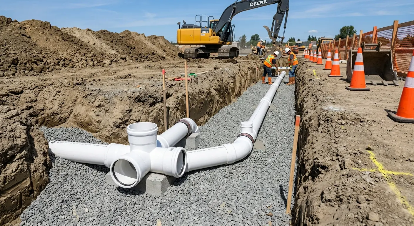 New PVC sewer pipe installation in open trench for Commercial Drain Cleaning in Windham