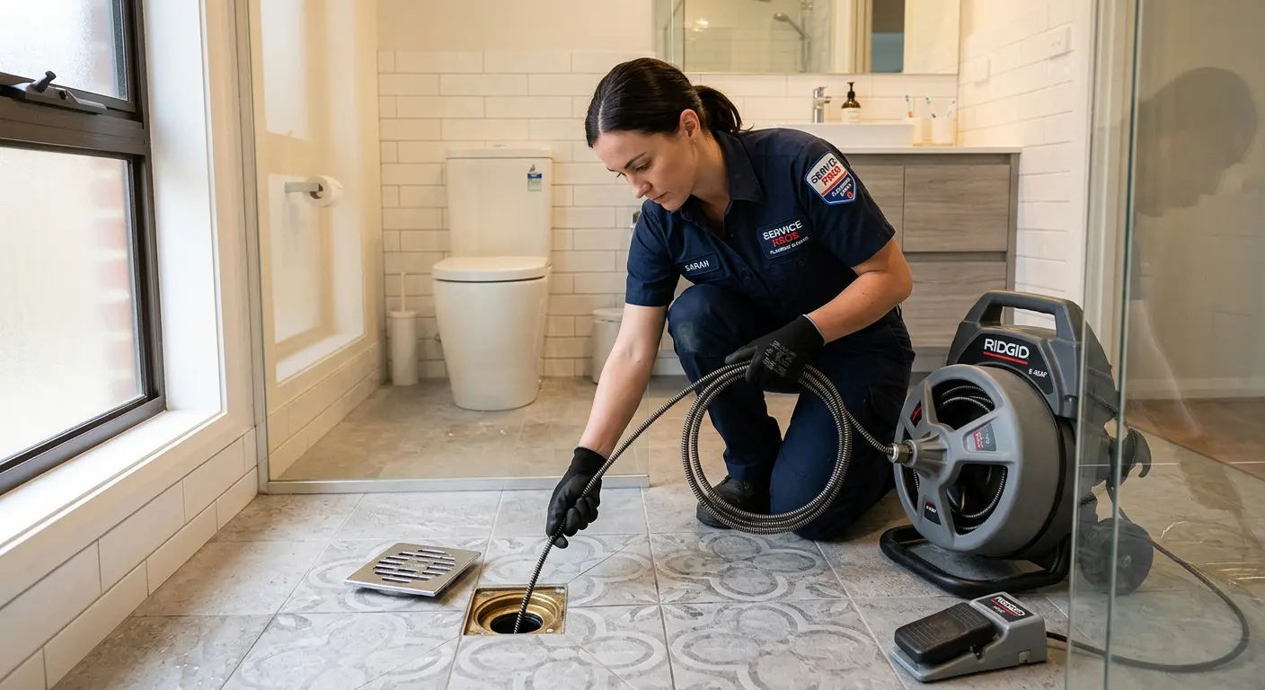 Technician clearing a bathroom floor drain for Clogged Drain Repair in Windham